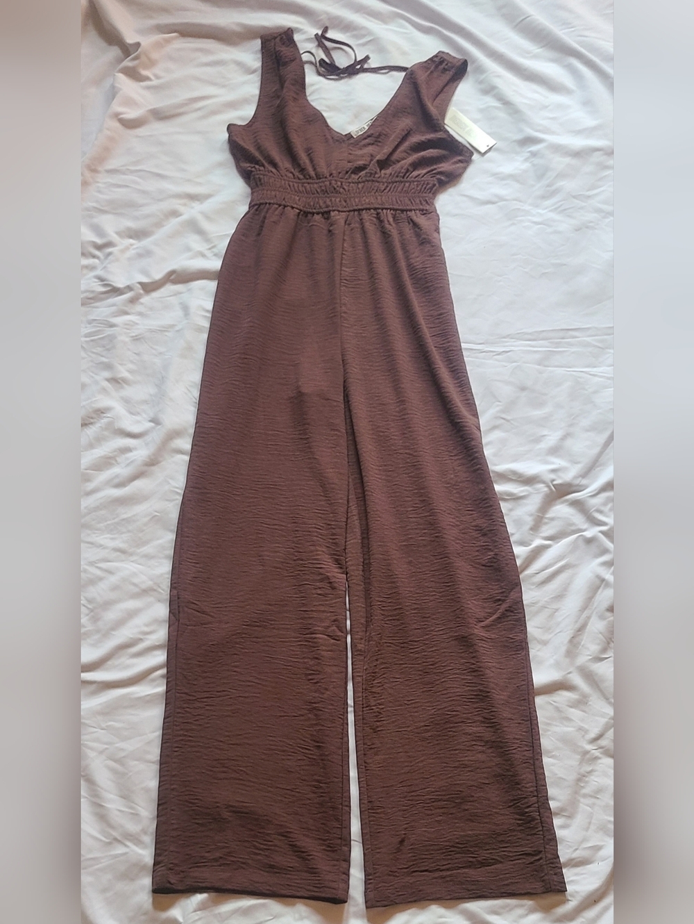 Derek Heart Wide-Leg Jumpsuit with Smocked Waist Brown, Small